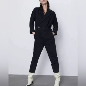 Zara Size M Olivia Jumpsuit Black Denim Relaxed Tencel Blend
